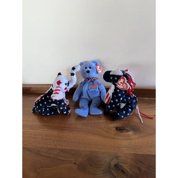 Ty Beanie Babies Lot Of 3: 2000 America Bear Stars & Stripes Elephant Donkey USA - Picture 3 of 7